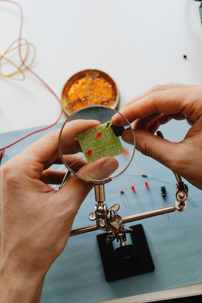 Close-up of technician examining a circuit board through a magnifying glass, focusing on repair work.
